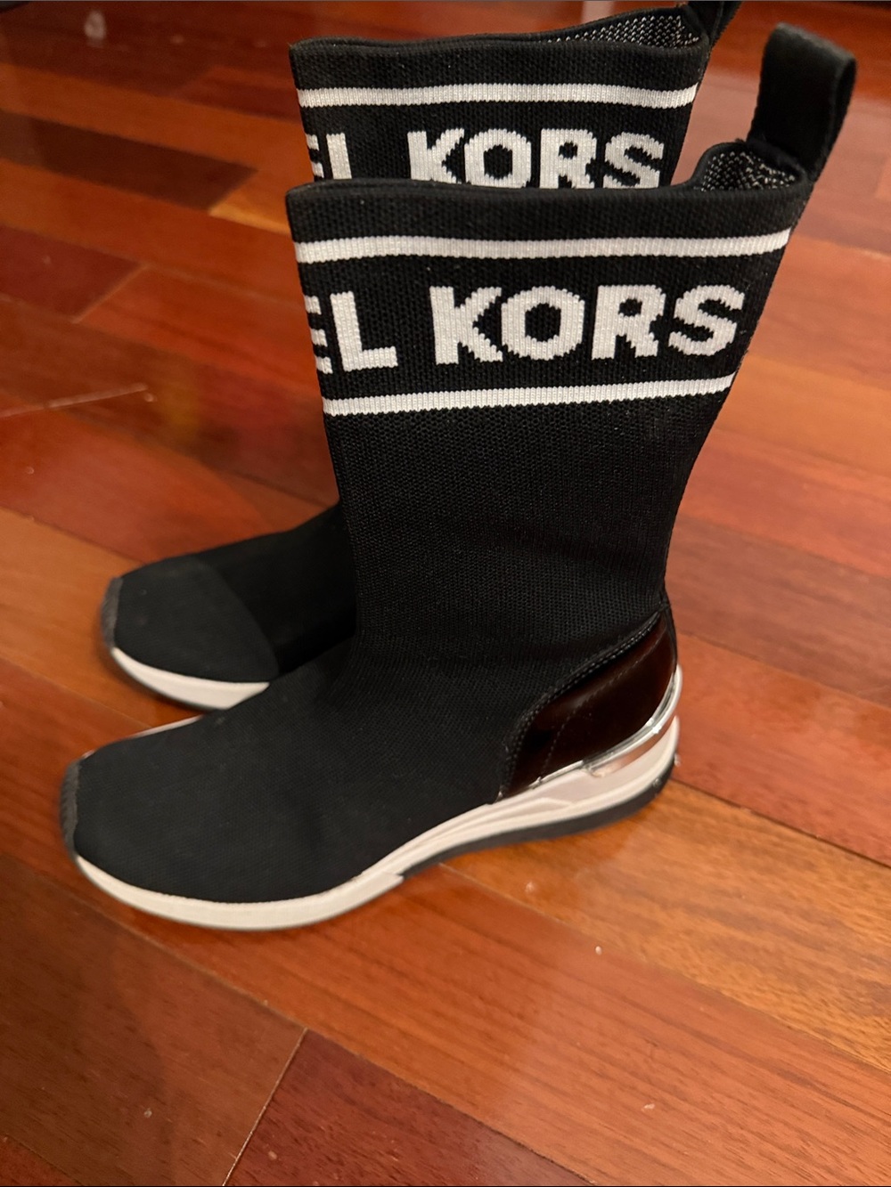 Michael Kors Kids Black Stretch Logo Sock Boots with White Trim